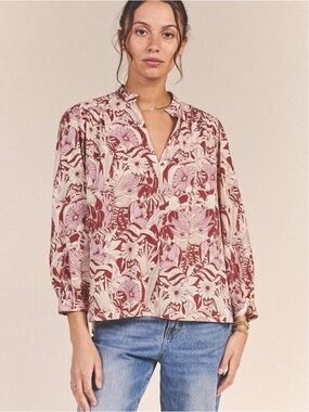 Trovata Birds of Paradis Bailey Blouse Canela Palm Cotton Blend Size Small